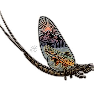 Casey Underwood Specialty  Fishing Stickers: Caddis Fly, Mayfly, Swimming Brown Trout