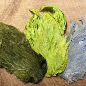 Dyed Indian Hen Capes: Olive, Dun and Chartreuse